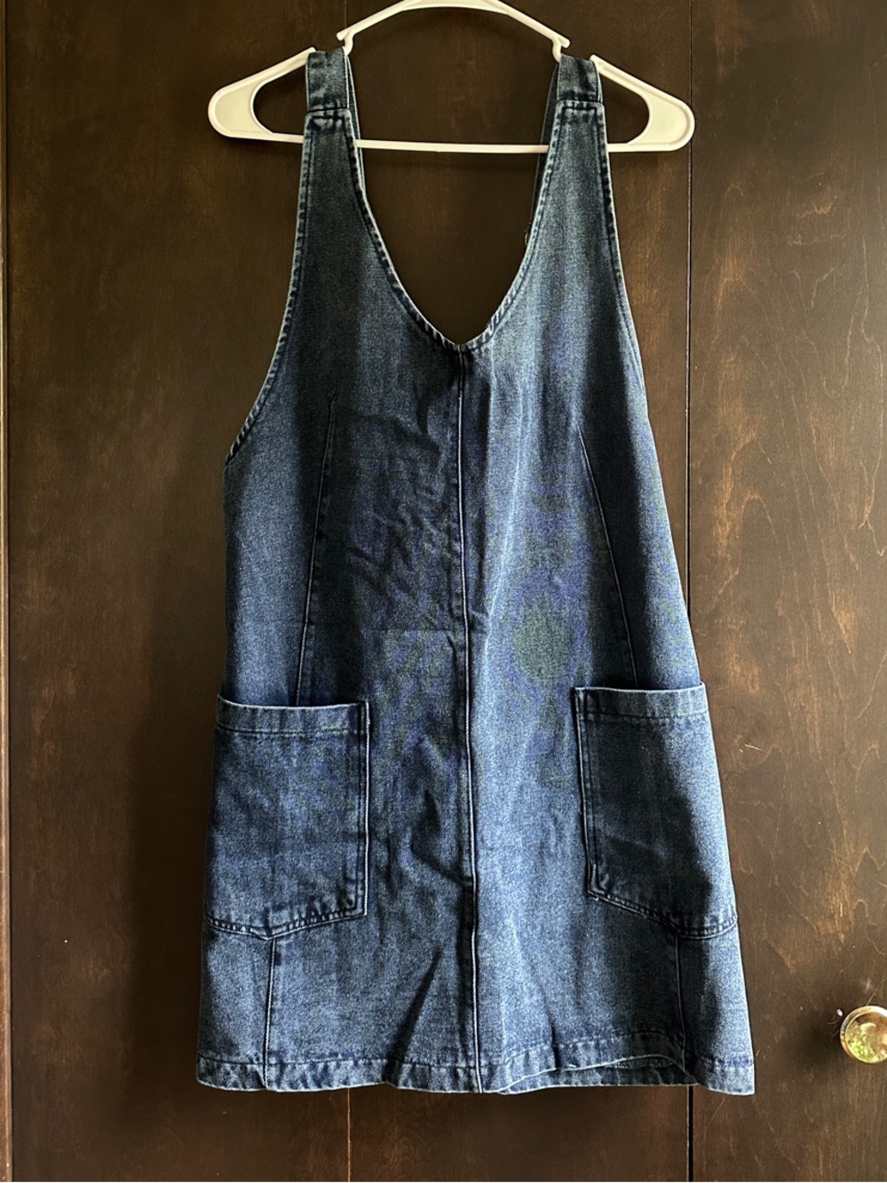 Classic Dark Denim Pinafore Dress with Front Patch Pockets